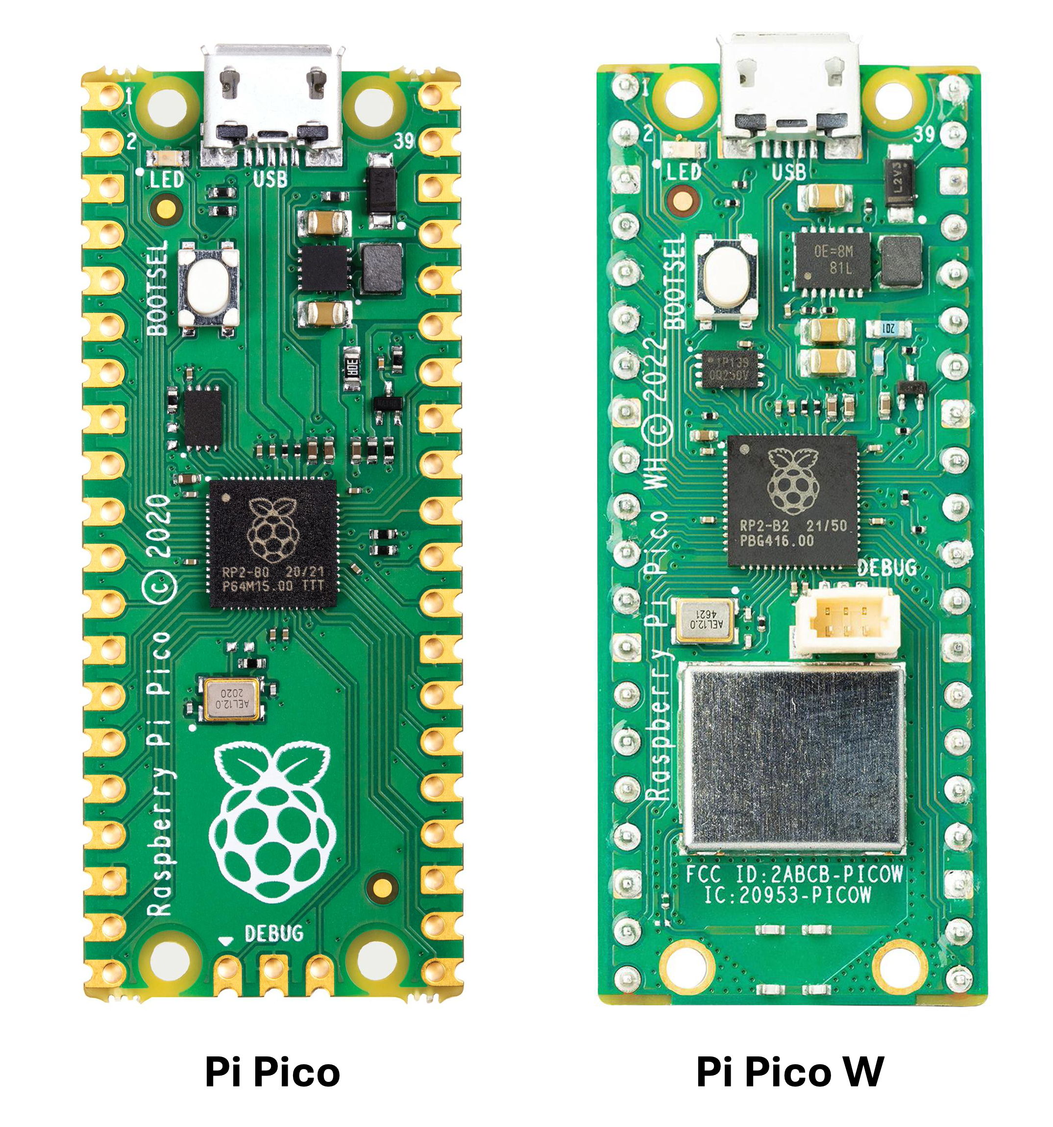 A comparison between the Pi Pico and the Pi Pico W.